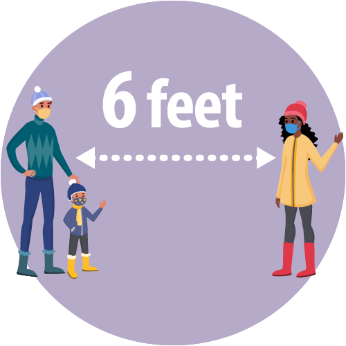 hình minh họa một người và đứa trẻ đeo khẩu trang đứng cách sáu feet với người phụ nữ trẻ có đeo khẩu trang