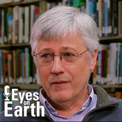 Dr. Curtis Woodcock with the logo for the USGS EROS podcast Eyes on Earth