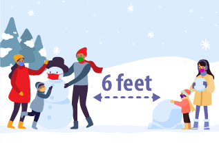 Trong hình là hai gia đình đang đắp người tuyết ở ngoài trời. Cả hai gia đình đều giữ khoảng cách 6 feet với nhau trong lúc thực hiện hành động này.