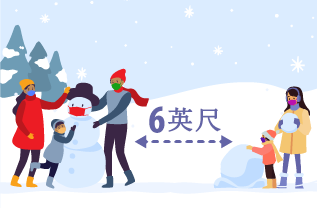 图片显示有两家人在户外堆雪人。在进行堆雪人活动时，两家人彼此相距6英尺。