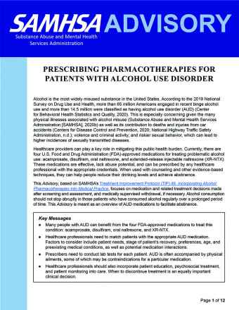Advisory: Prescribing Pharmacotherapies for Patients With Alcohol Use Disorder
