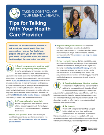 cover of NIMH publication Tips for Taking Control of Your Mental Health: Talking With Your Health Care Provider