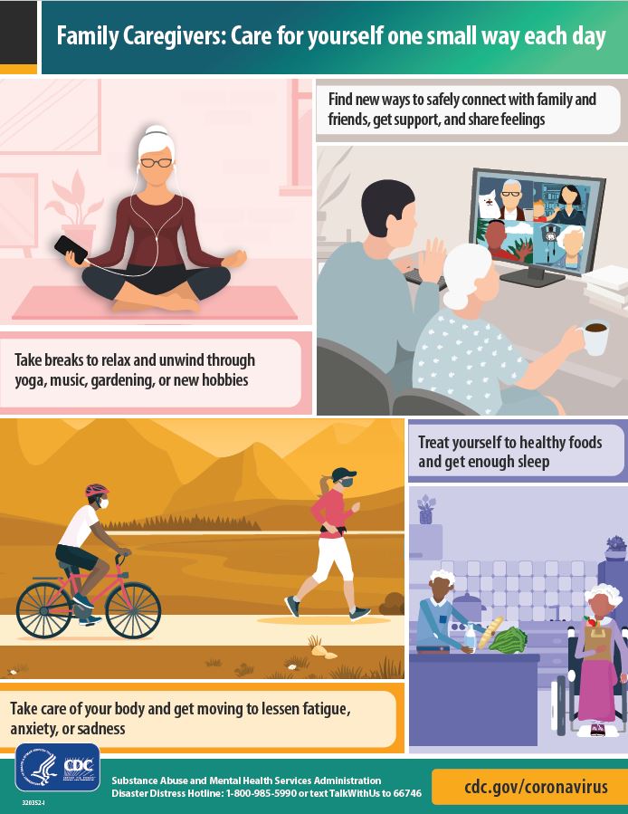 Infographic with tips for family and unpaid caregivers to encourage taking care of yourself one small way each day.