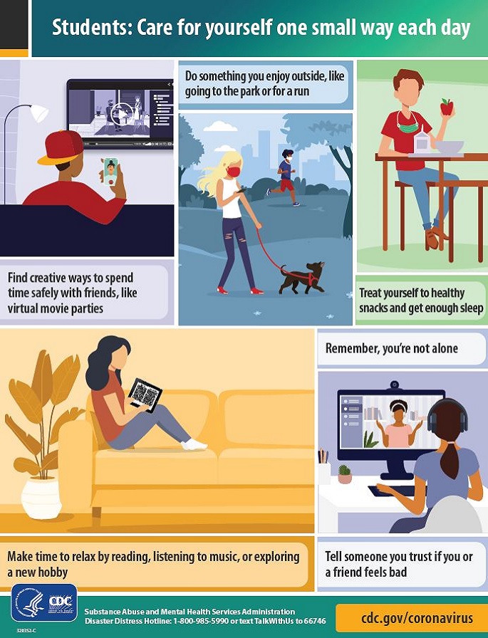Infographic with tips for students to encourage taking care of yourself one small way each day.
