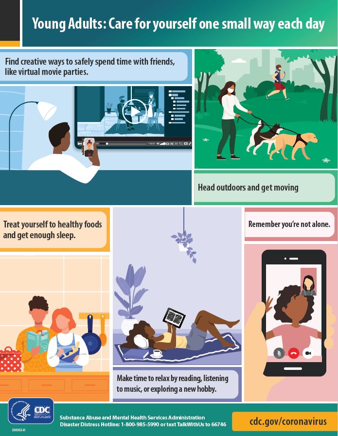 Infographic with tips for young adults to encourage taking care of yourself one small way each day.