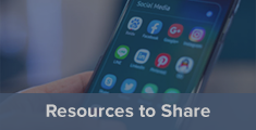 Resources to Share with a hand holding a mobile device with social media icons on the screen