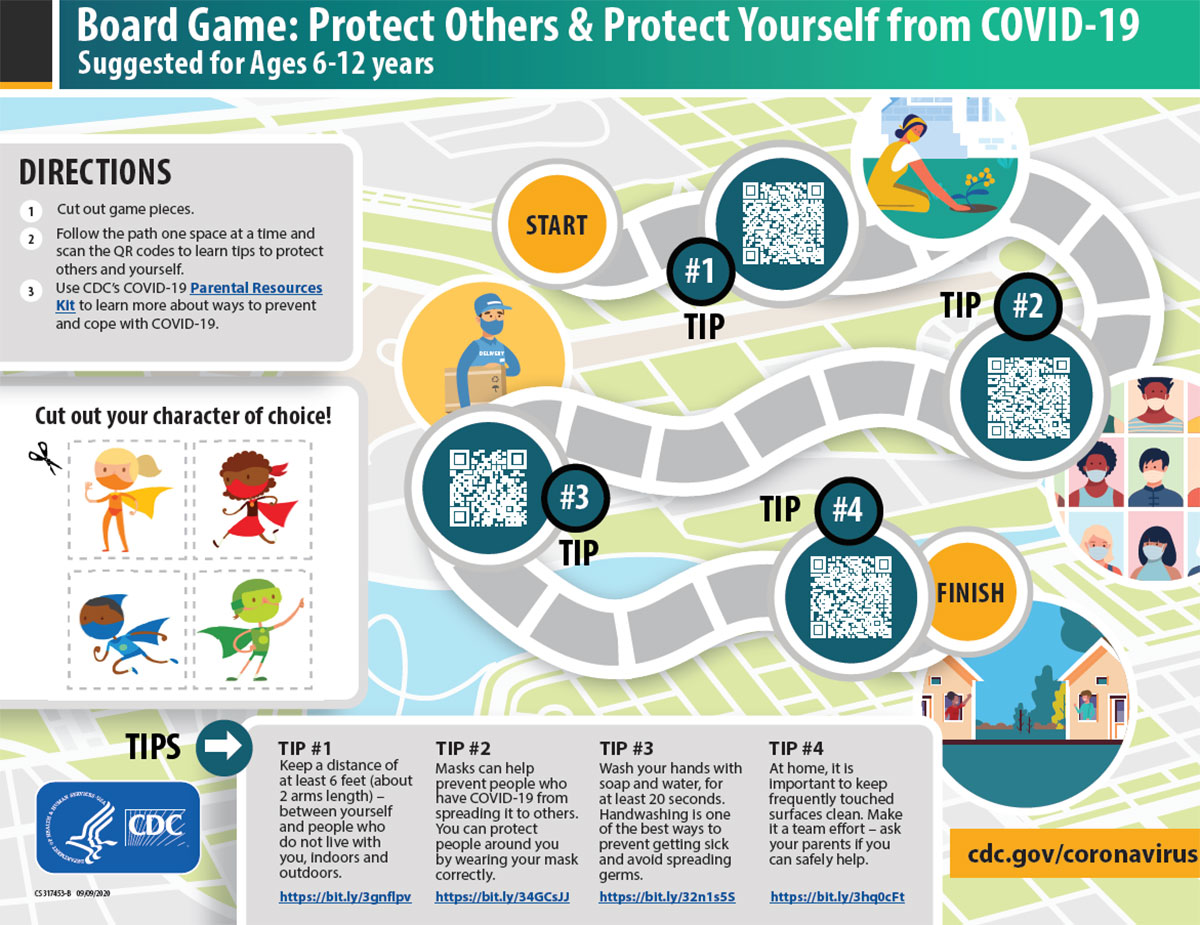 보드 게임: 모든 사람을 COVID-19로부터 보호하기. 6-12세 어린이용.