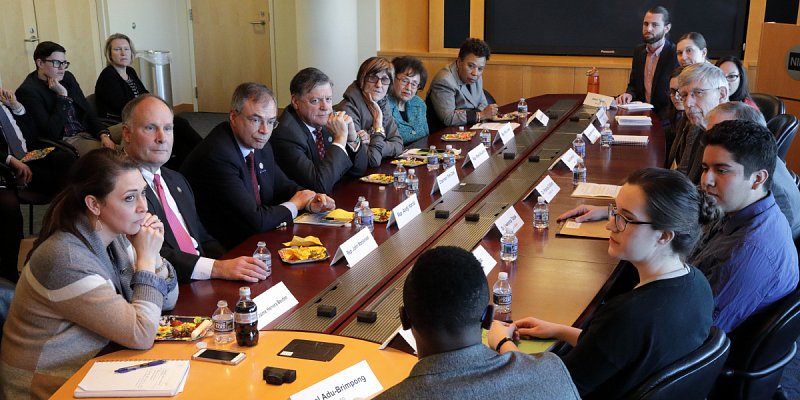 Members of the House Appropriations Subcommittee on Labor, Health and Human Services, Education and Related Agencies, Reps. Jaime Herrera-Beutler (WA-3), John Moolenaar (MI-4), Andy Harris (MD-1), Chairman Tom Cole (OK-4), Ranking Member Rosa DeLauro (CT-3), Nita Lowey (NY-17), and Barbara Lee (CA-13), meet with NIH Director Dr. Francis Collins and early-career NIH researchers.