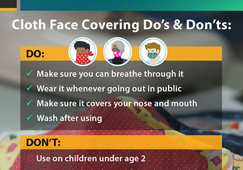 '천 얼굴 가리개 사용 주의사항' 내용이 있는 안면 마스크 착용 포스터. 확인사항: 숨쉬기 편한지 확인하기, 공공장소에 갈 때는 항상 착용하기, 코와 입을 모두 가리는지 확인하기, 사용 후 세탁하기. 금지사항: 만 2세 미만 어린이 착용 금지, 의료 종사자를 위한 수술용 마스크 또는 개인보호장비(PPE) 일반인 사용 금지