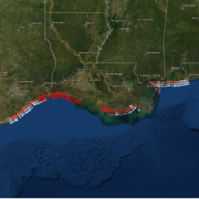 A screenshot of the Coastal Change Hazards Portal for Hurricane Laura showing red lines on gulf coast where change is likely. 