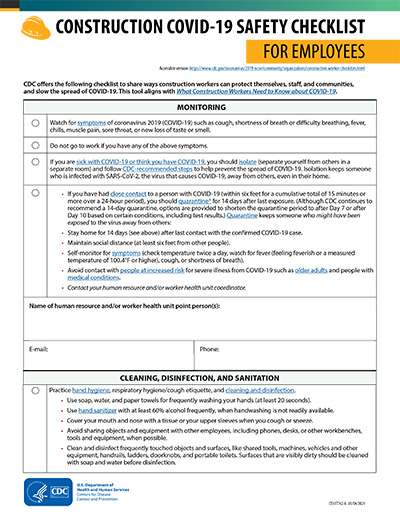 screenshot of a Construction COVID-19 Checklist for Employees