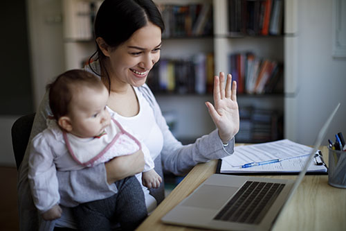 Mother having video conference