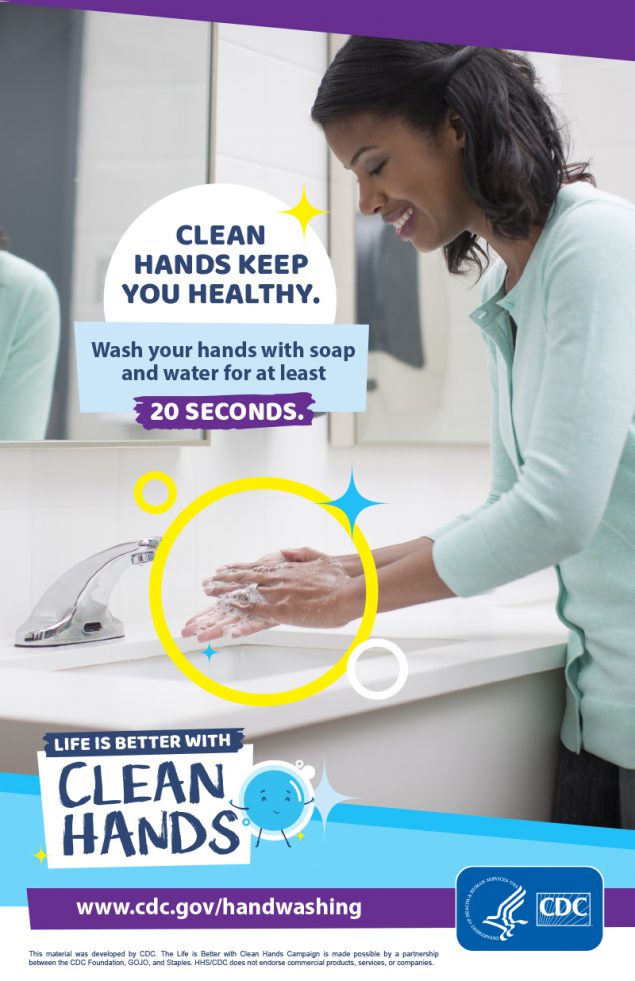 Image of a woman washing hands in a bathroom and a reminder to make handwashing a healthy habit.