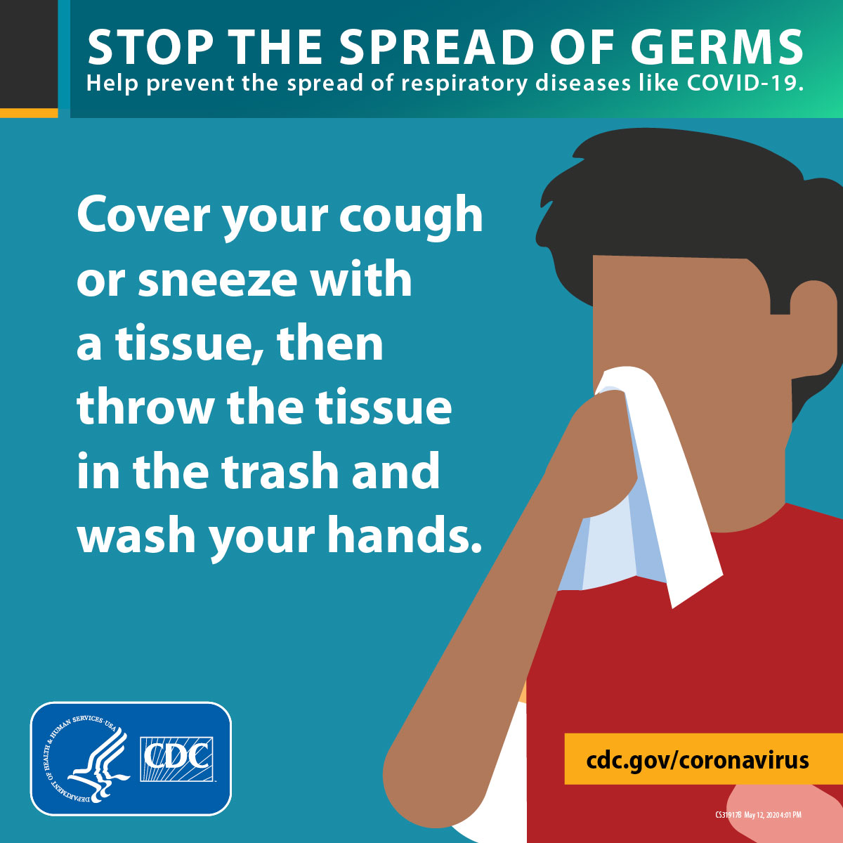 Picture of man holding tissue over nose with text 'Cover your cough or sneeze with a tissue, then throw the tissue in the trash and wash your hands'.