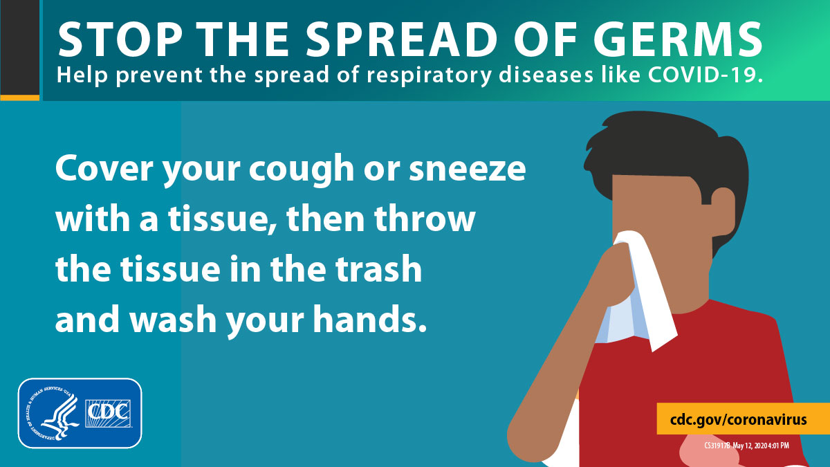 man holding tissue over nose with text 'Cover your cough or sneeze with a tissue, then throw the tissue in the trash and wash your hands'.