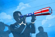 Illustration of person holding telescope with U.S. flag design while standing in front of other people and clouds in sky (State Dept./D. Thompson)